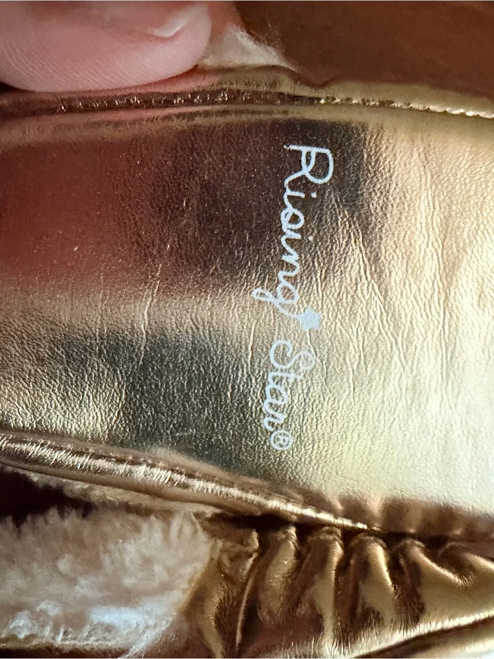 Rising Star Metallic Gold Cat Moccasins with Pink Embroidered Whiskers
